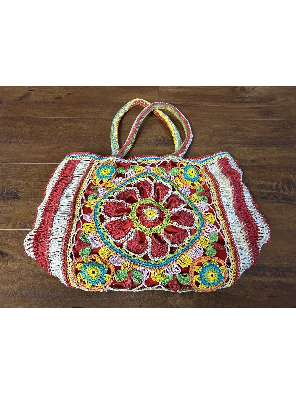 Sun N Sand Colorful Crochet Tote Bag with Floral Design